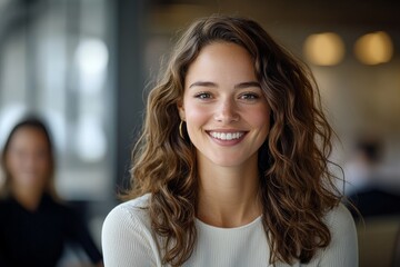 Fototapeta premium Smiling woman with curly hair seated in a modern cafe during the day