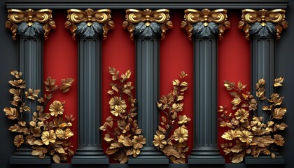 Fototapeta premium Elegant Dark Columns Gold Accents Floral Design