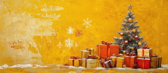 Christmas gifts and festive decorations with a vibrant yellow background showcasing holiday cheer and seasonal joy