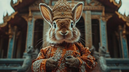 Rabbit Dressed in Elaborate Thai Silk Attire with Golden Headpiece in Front of Temple Backdrop