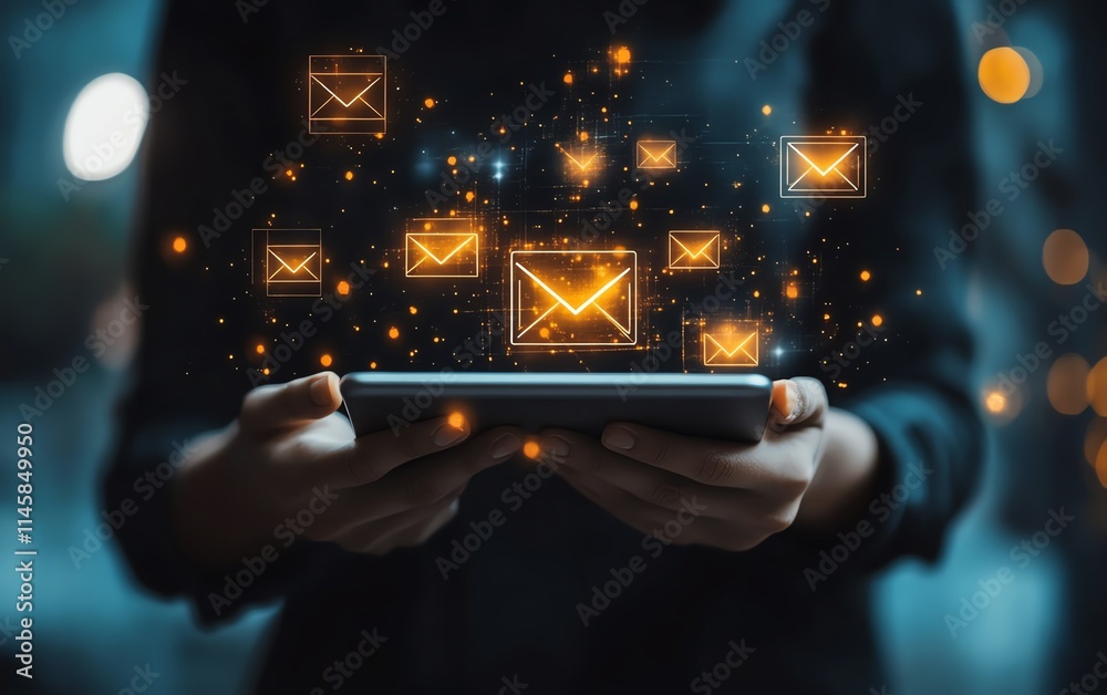 Aufkleber hands holding a tablet with digital email and message icons, symbolizing modern communication, techn