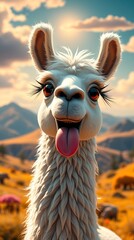 Joyful cartoon llama with a big smile and expressive eyes in a sunny mountain landscape