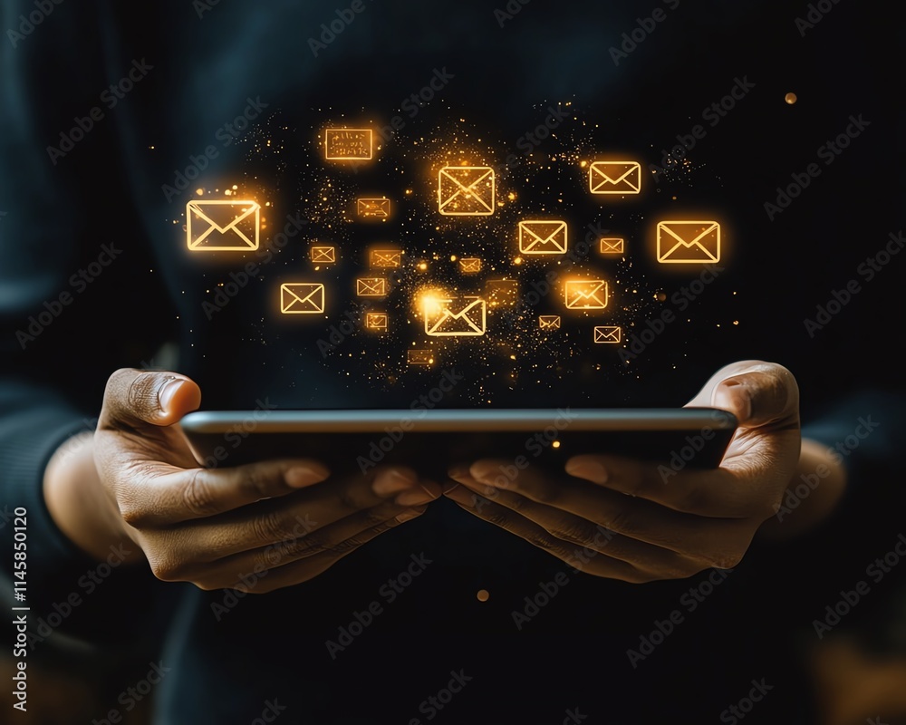 Leinwandbilder hands holding a tablet with email and message icons hovering above, symbolizing the rapid growth of 