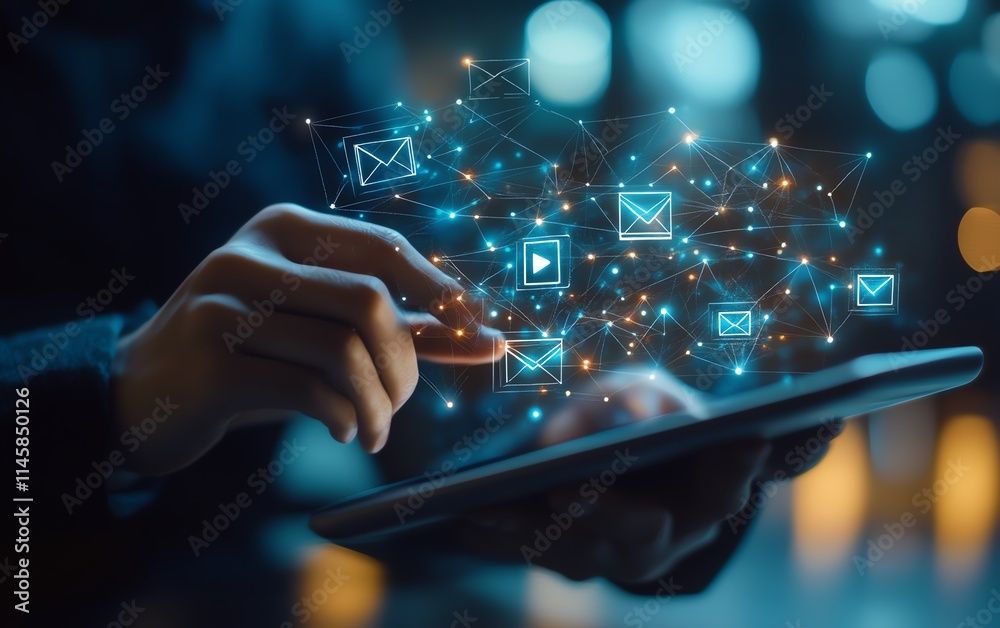 Poster Hands using a tablet with email and message icons floating above, representing the evolution of communication and the role of modern technology