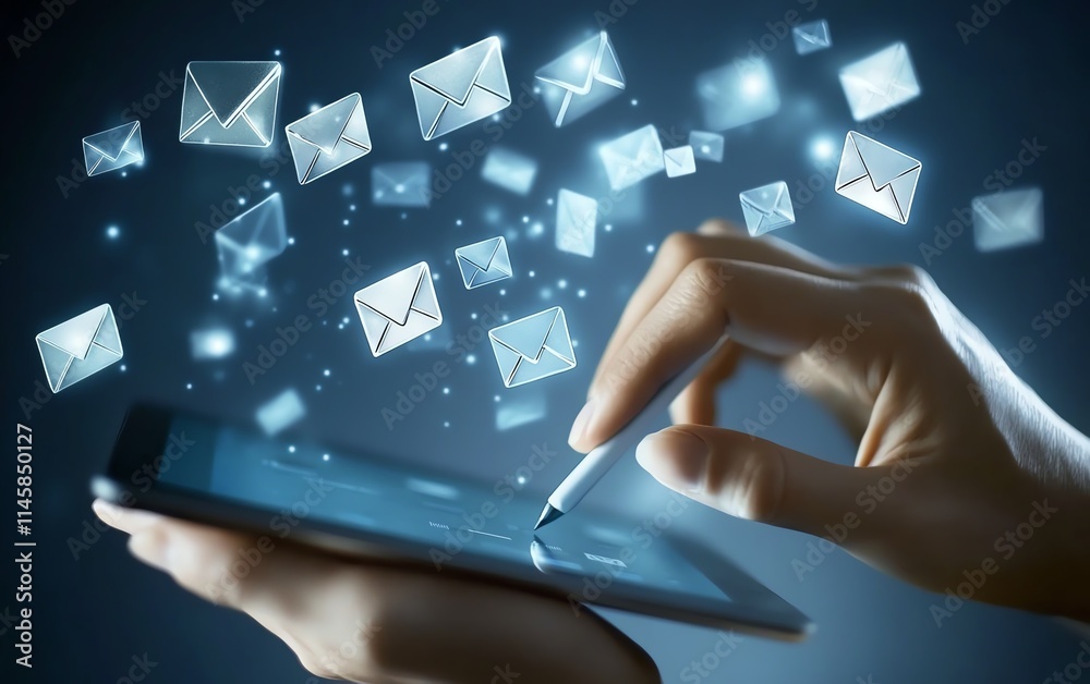 Poster Hands using a tablet with email and message icons floating above, representing the evolution of communication and the role of modern technology