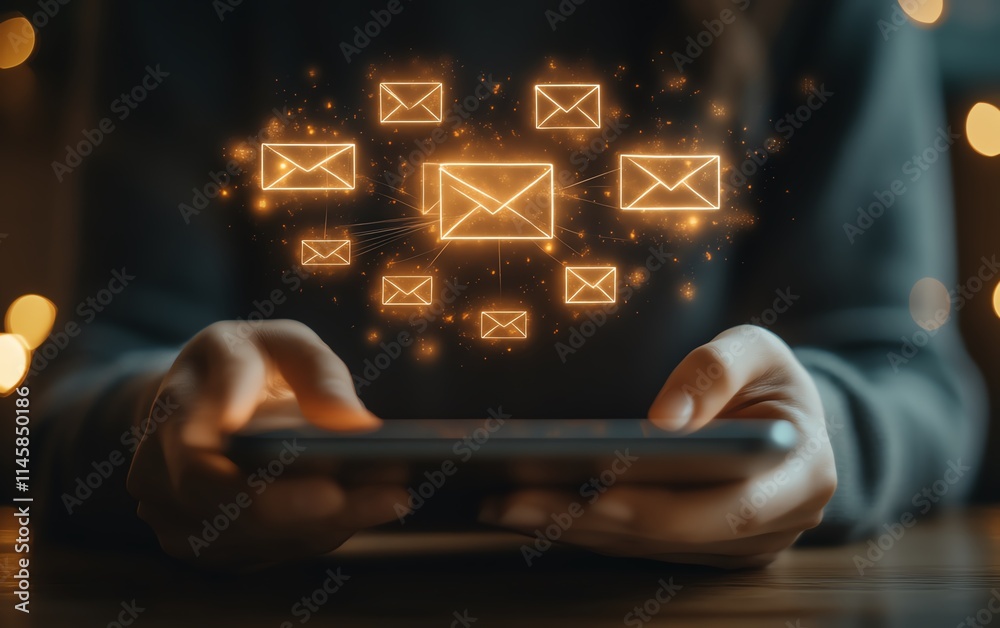 Poster Hands using a tablet with email and message icons floating above, representing the evolution of communication and the role of modern technology