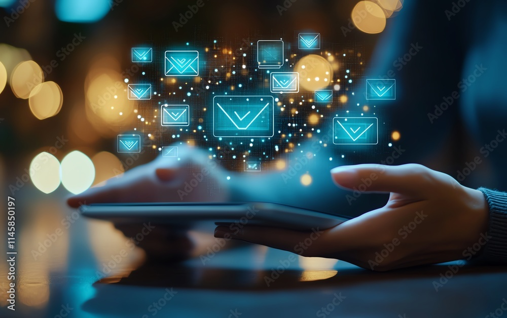 Aufkleber Hands using a tablet with email and message icons floating above, representing the evolution of communication and the role of modern technology