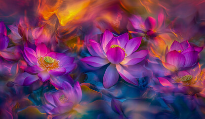 A vivid photograph of a lotus flower in full bloom with purple petals and a pink hue,