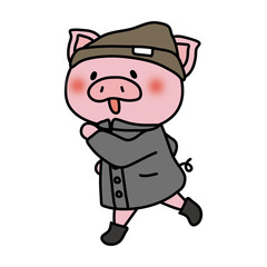 冬にニット帽をかぶって走っているぶた