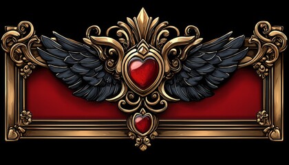 Naklejka premium Ornate Gold Frame with Red Heart and Wings