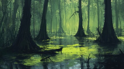 Fototapeta premium Mysterious swamp landscape with towering trees and lush green reflections in tranquil water creating an enchanting natural atmosphere.