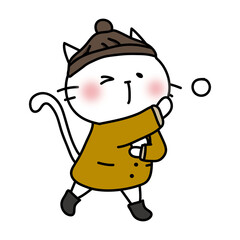 冬服を着て雪合戦をする白い猫