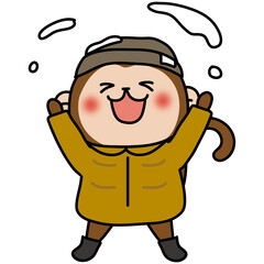 冬服で雪をなげて遊ぶ猿