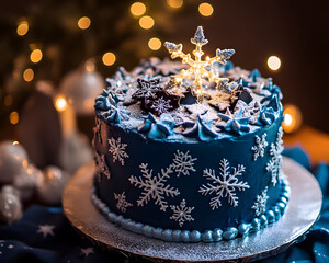 Fototapeta premium A beautifully decorated blue cake with snowflake designs, set against warm holiday lights.