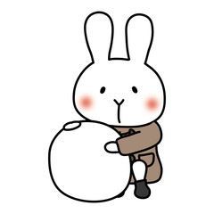 冬服で雪だるまをつくる白いうさぎ