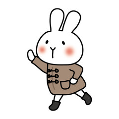 冬にダッフルコートを着て走る白いうさぎ