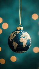 A decorative globe ornament hanging against a soft-focus background with warm bokeh lights, symbolizing global unity and celebration.