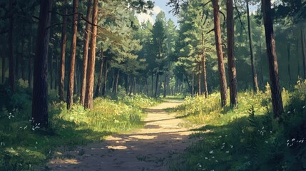 Obraz premium Pine forest pathway in early spring sunlight inviting exploration through serene natural landscapes and vibrant greenery