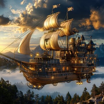 Majestic Floating Airship Surrounded by Mysterious Mountains and Sunset Skies, Showcasing Impressive Steampunk Design with Billowing Sails and Detailed Architecture