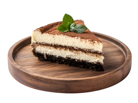 Extreme front view of hyperrealistic slice of tiramisu pie on a wooden tray isolated on a white transparent background