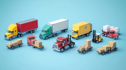 Colorful low-poly model trucks, cargo, and forklift on light blue background.