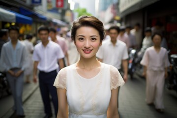 A woman in a white dress is smiling at the camera