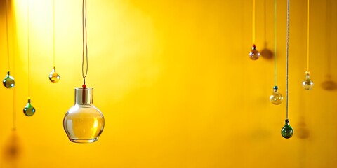 Glass orbs suspended on colorful threads against a vibrant yellow backdrop create a playful and inviting display
