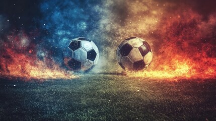 Intense soccer match concept with fiery elements and dynamic football imagery representing competition between two regions