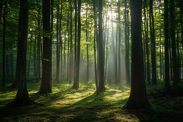 Fototapeta premium Sunbeams Illuminate A Lush Green Forest Floor