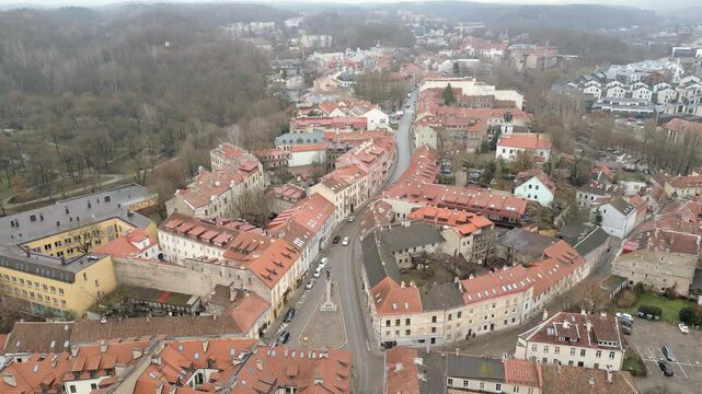 Vilnius, Lithuania - 30th november, 2024: aerial fly over view Vilnius old town and Bohemian Uzupis old and new area buildings. Center of self-proclaimed Republic of Uzupis. UNESCO World Heritage Site