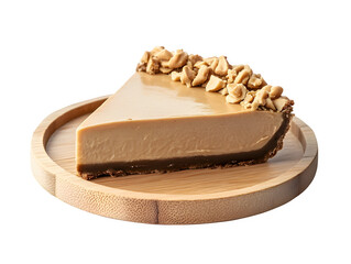 Extreme front view of hyperrealistic slice of peanut butter pie on a wooden tray isolated on a white transparent background