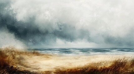 Obraz premium Dramatic cloudy sky over a windy sea with dunes and grasses creating a moody coastal landscape scene