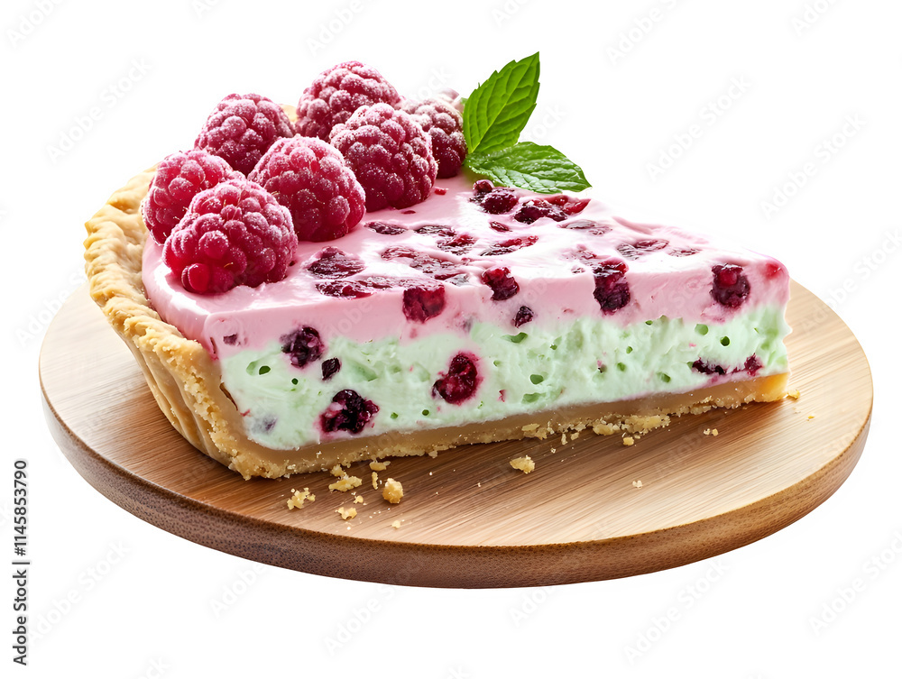 Wall mural extreme front view of hyperrealistic slice of mint raspberry pie on a wooden tray isolated on a whit