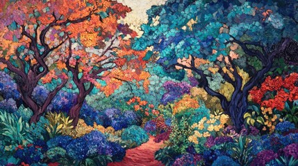Vibrant garden landscape with colorful trees and lush flora creating a serene and enchanting outdoor atmosphere for nature enthusiasts.