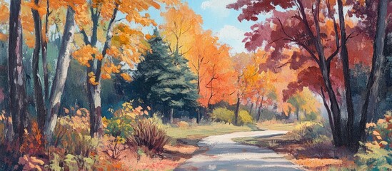 Autumn scene featuring vibrant maple trees and a serene walking path in a colorful garden landscape