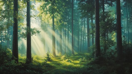 Obraz premium A serene depiction of a lush green forest gently enveloped by a mystical morning fog