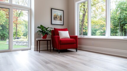 Red armchair in sunlit room with hardwood floor and large windows.