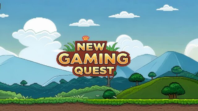 Charming Plains The screen lights up with a pixel art landscape of rolling hills and fluffy clouds. A bright simple logo emerges from behind the hills glowing with excitement