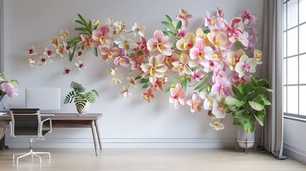 Lush 3D artwork of orchids delicately arranged on a wall, with a chic office mockup on the side.