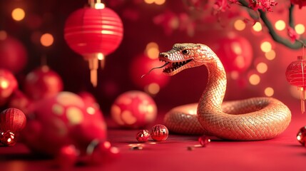 Obraz premium Statue of a snake and Chinese lanterns. Celebration of the Chinese New Year, 2025 year of the Snake