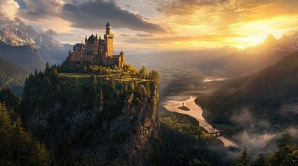 Obraz premium Majestic castle atop a rocky cliff with stunning sunset over valleys and rivers in the background, enhancing the picturesque landscape.