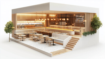 Isometric 3D rendering of modern restaurant with open dining and bar