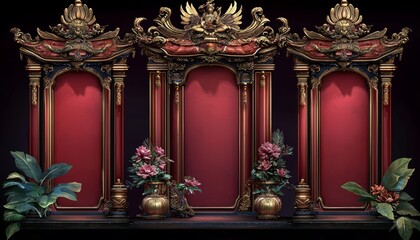 Fototapeta premium Ornate Gold And Red Altar Display With Flowers