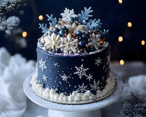 Fototapeta premium A beautifully decorated winter-themed cake featuring snowflakes, berries, and a blue color scheme.