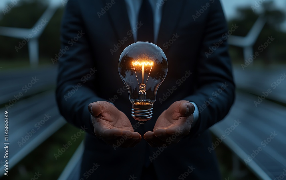 Poster light bulb in hand, surrounded by solar panels and windmills, illustrating the power of alternative 