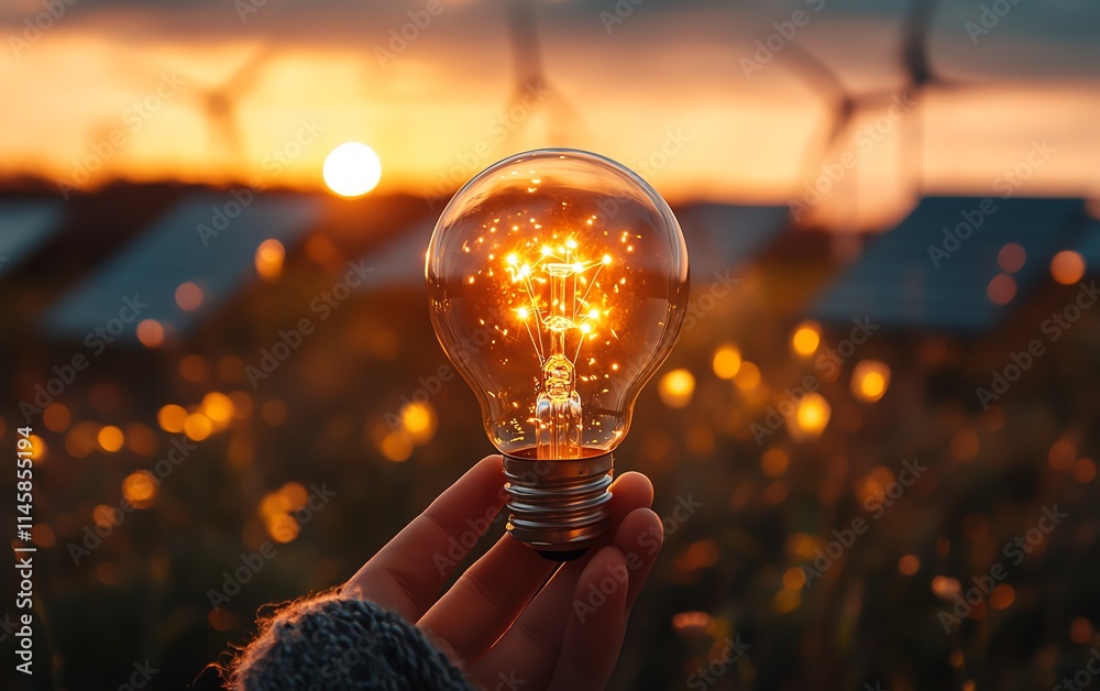 Poster light bulb in hand, surrounded by solar panels and windmills, illustrating the power of alternative 