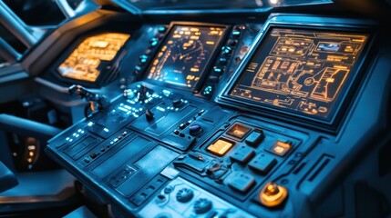 Fototapeta premium Futuristic aircraft cockpit control panel with digital displays and buttons.