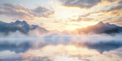 Obraz premium Serene morning fog gracefully blankets a mountain lake at sunrise, creating a picturesque and tranquil scene