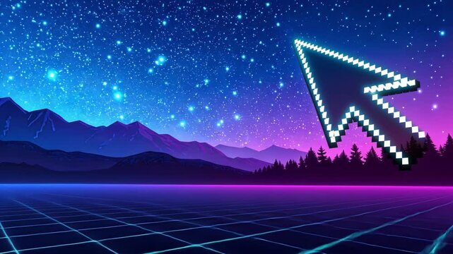 A vibrant neon blue background shimmers with hints of purple while a classic pixel art cursor arrow in bright white points playfully at the corner evoking memories of retro