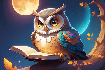 Obraz premium A Wise Owl on a Luminous Moon Holds a Tiny Book, A Surreal Digital Image Depicting Magic and Wisdom